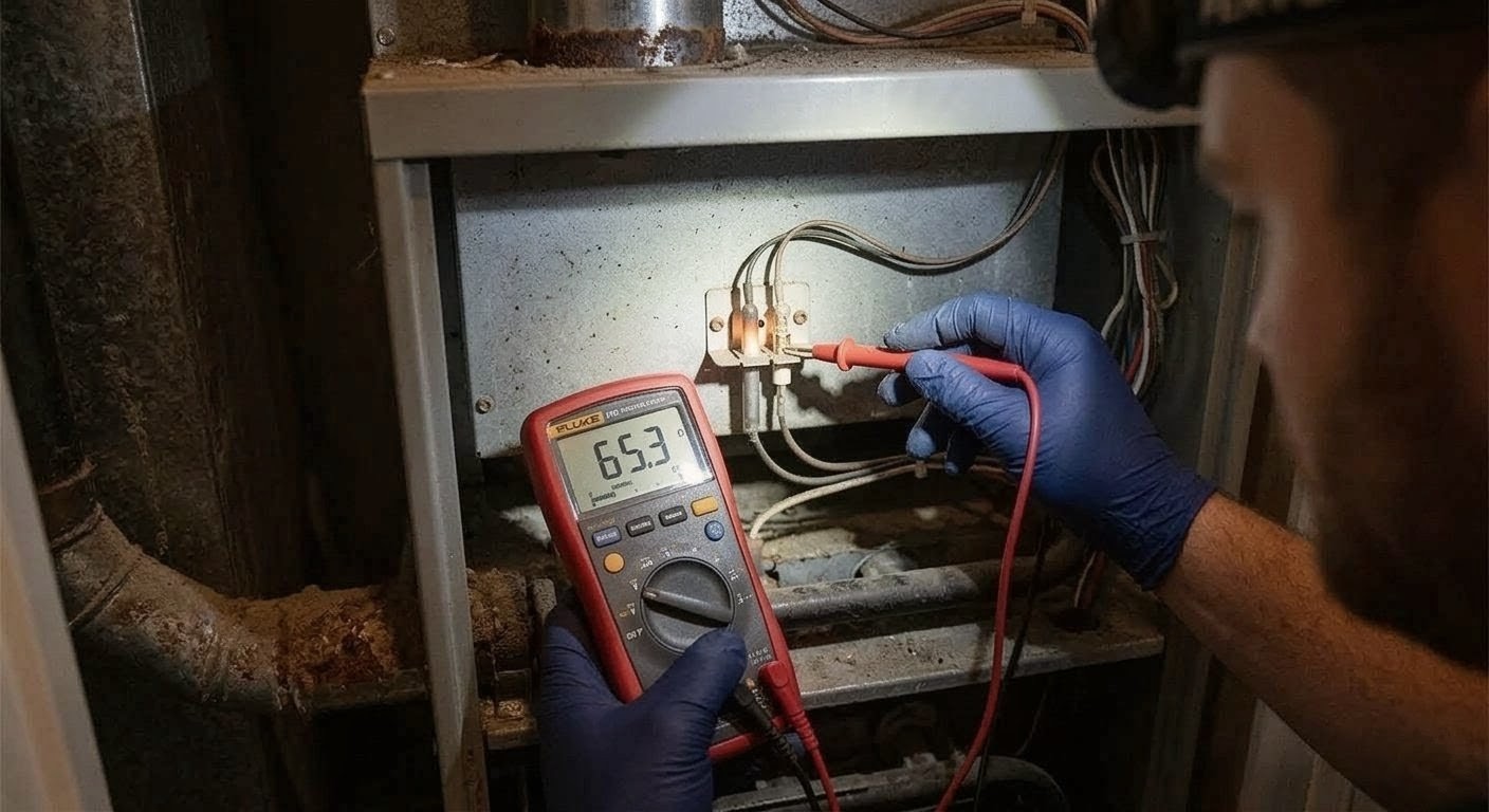 HVAC technician testing furnace components with a multimeter